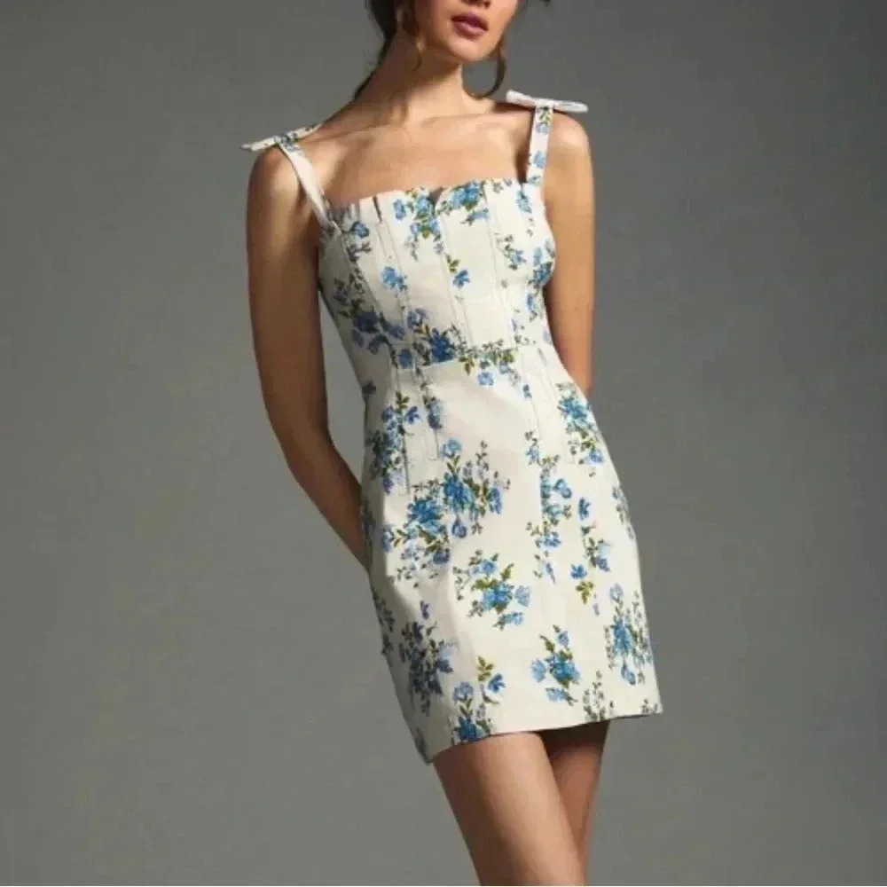 Anthropologie $160 Blue Flower Mini Dress Blue Floral Cottagecore Boho Bohemian